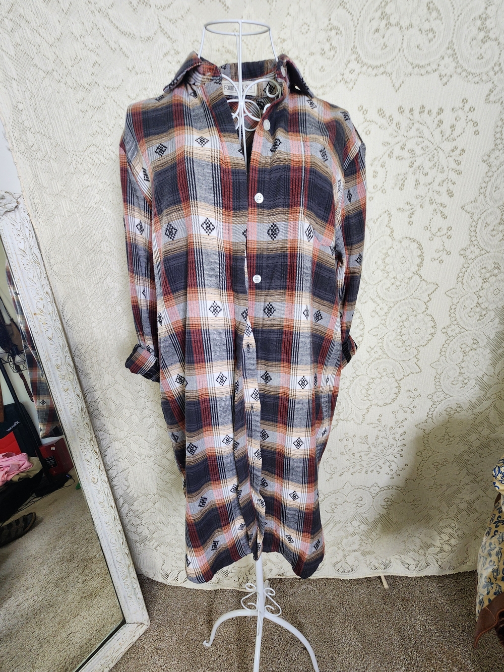 Plaid Midi Shirt Dress in Navy and Rust